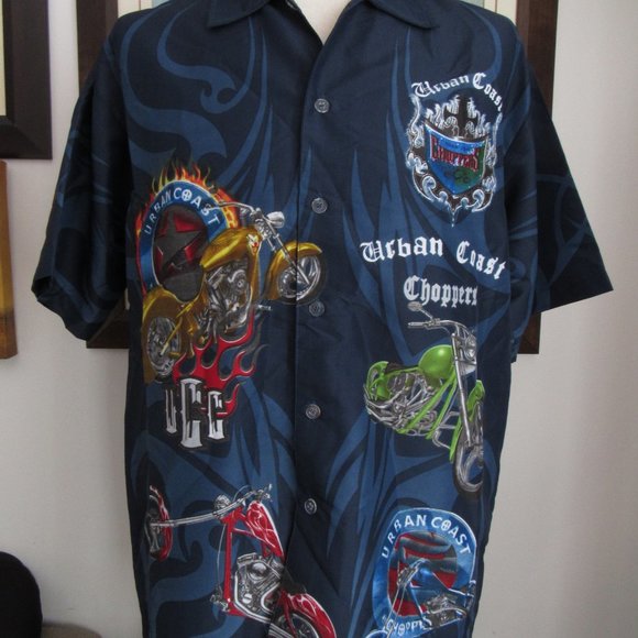 Choppers Urban Coast Men's Shirt Button Up Blue Motorcycle Graphics Size XL - Picture 2 of 9